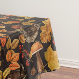 Autumn leaves, berries, mushrooms and wrens tablecloth