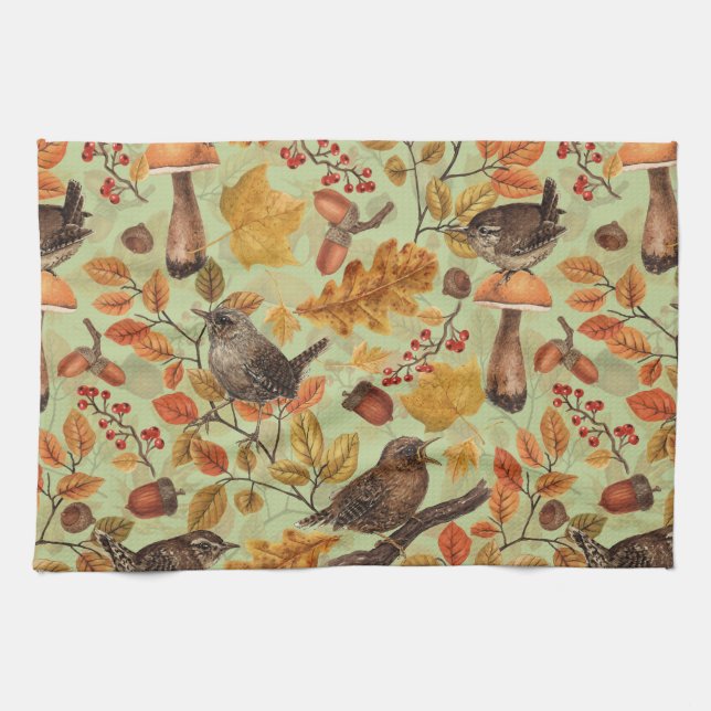 Autumn leaves, berries, mushrooms and wrens tea towel (Horizontal)