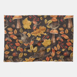 Autumn leaves, berries, mushrooms and wrens tea towel