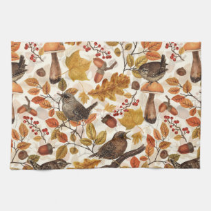 Autumn leaves, berries, mushrooms and wrens tea towel