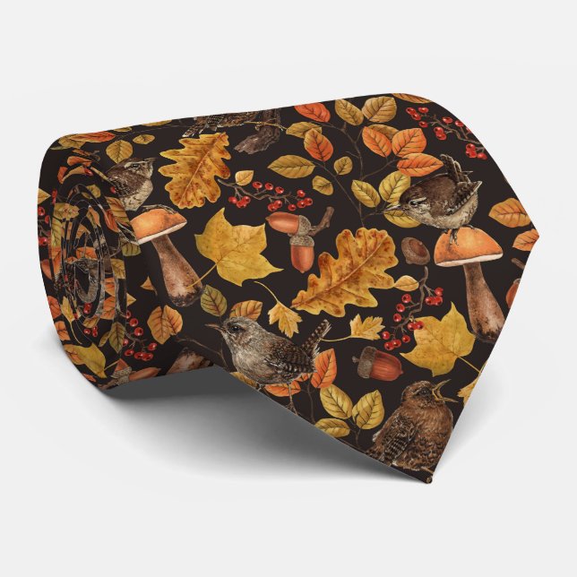 Autumn leaves, berries, mushrooms and wrens tie (Rolled)