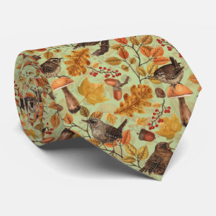 Autumn leaves, berries, mushrooms and wrens tie