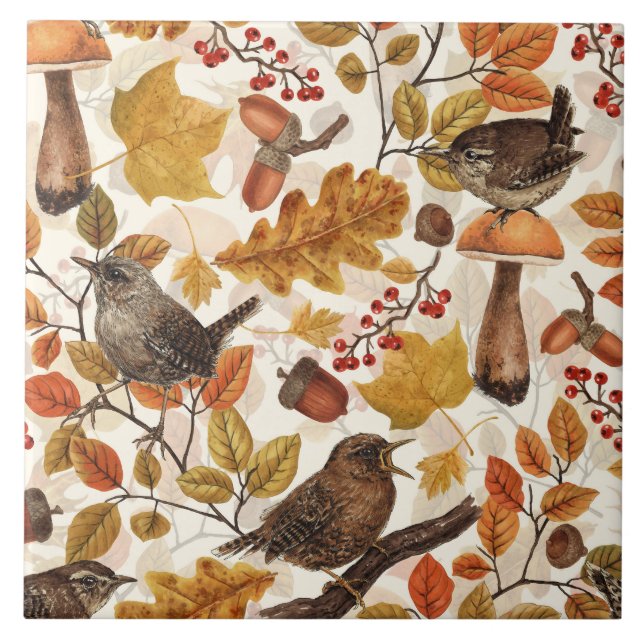 Autumn leaves, berries, mushrooms and wrens tile (Front)