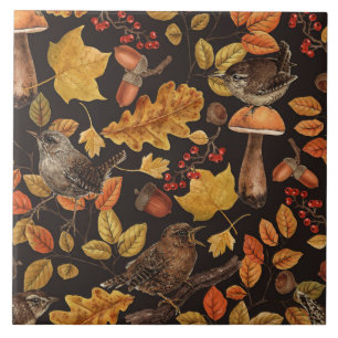 Autumn leaves, berries, mushrooms and wrens tile