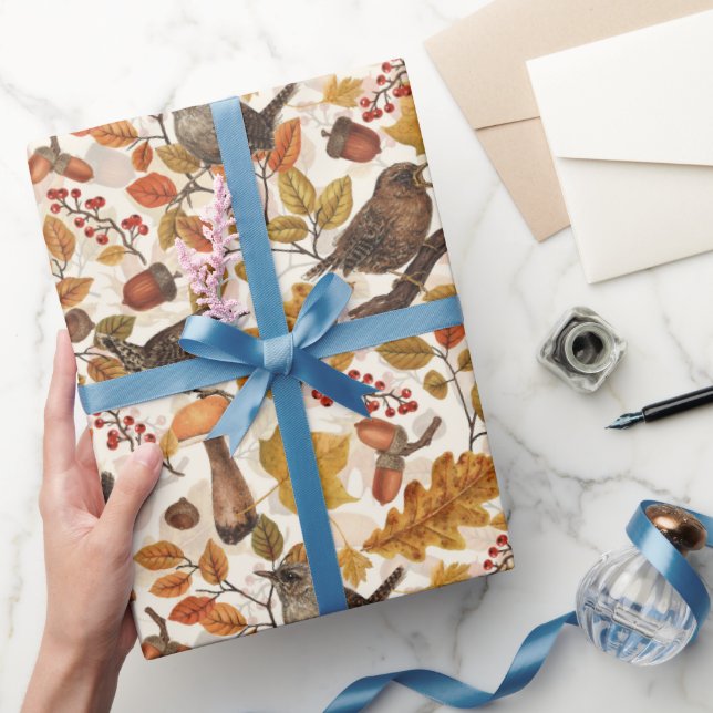Autumn leaves, berries, mushrooms and wrens wrapping paper (Gifting)