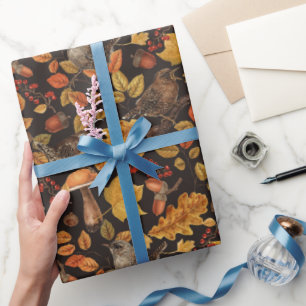 Autumn leaves, berries, mushrooms and wrens wrapping paper
