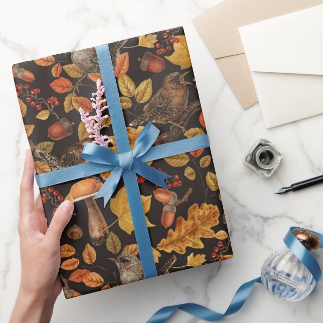 Autumn leaves, berries, mushrooms and wrens wrapping paper (Gifting)