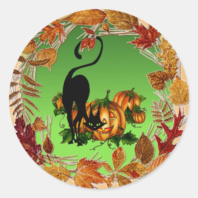 AUTUMN LEAVES BLACK CAT by SHARON SHARPE Classic Round Sticker (Front)