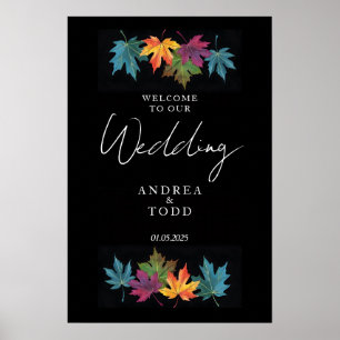 Autumn leaves black contrast wedding welcome poster