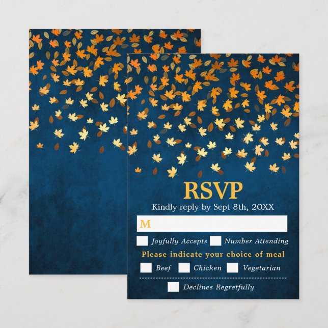 Autumn Leaves Blue Grunge Wedding Meal Choice RSVP Card (Front/Back)