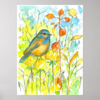 Autumn Leaves Bluebird Watercolor