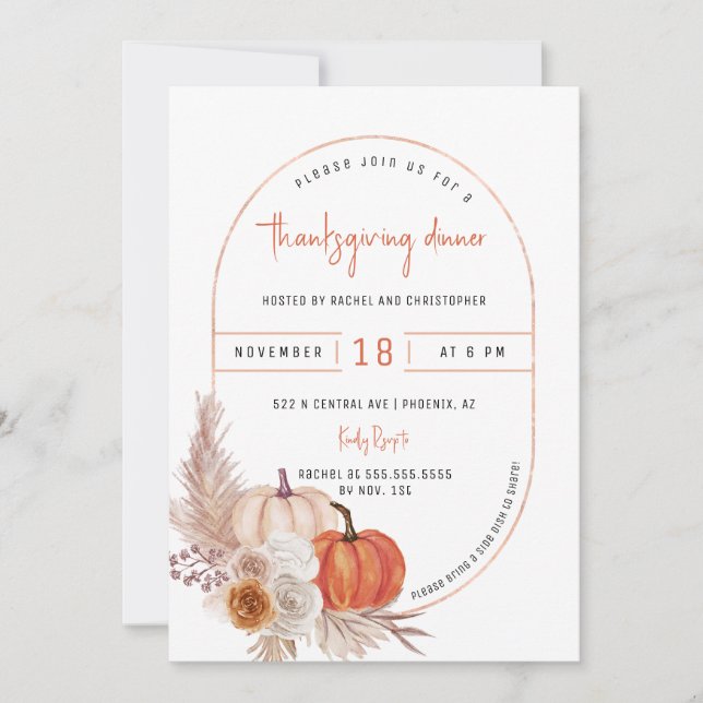 Autumn Leaves Boho Arc Pumpkin Thanksgiving Dinner Invitation (Front)