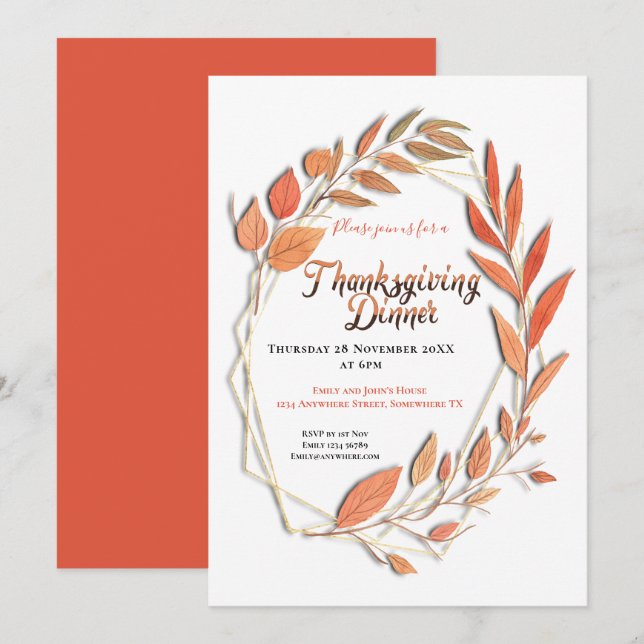 Autumn Leaves Border Geometric Frame Thanksgiving Invitation (Front/Back)