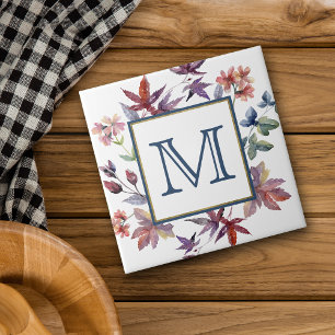 Autumn Leaves Border Monogram Tile