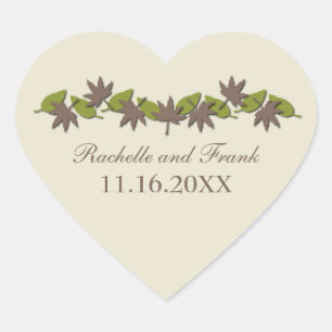 Autumn Leaves Border Wedding Stickers, Brown/Green Heart Sticker