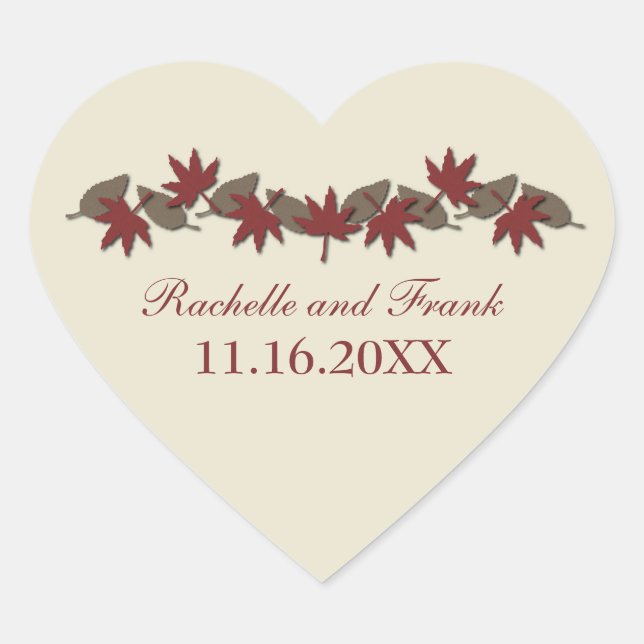 Autumn Leaves Border Wedding Stickers, Red/Brown Heart Sticker (Front)