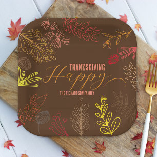 Autumn Leaves Branches and Berries Thanksgiving Paper Plate