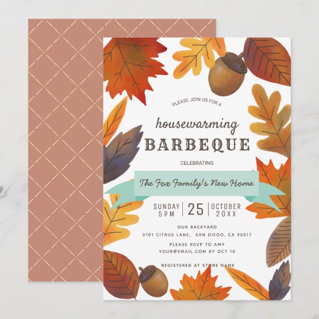 Autumn Leaves Brown Housewarming BBQ Invitation (Front/Back)