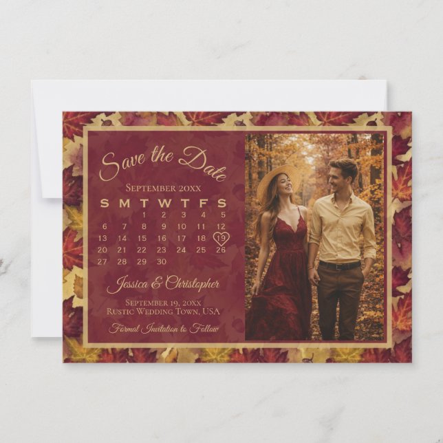 Autumn Leaves Burgundy Calendar & Photo Wedding Save The Date (Front)