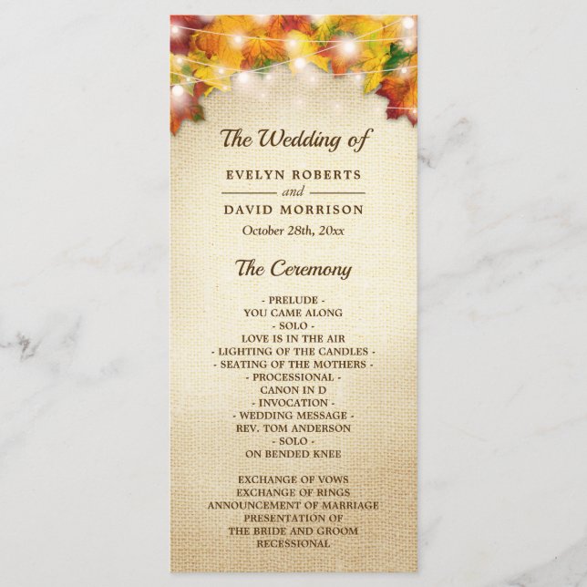 Autumn Leaves Burlap String Lights Wedding Programme (Front)