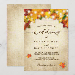 Autumn Leaves Burlap Twinkle Lights Fall Wedding Invitation