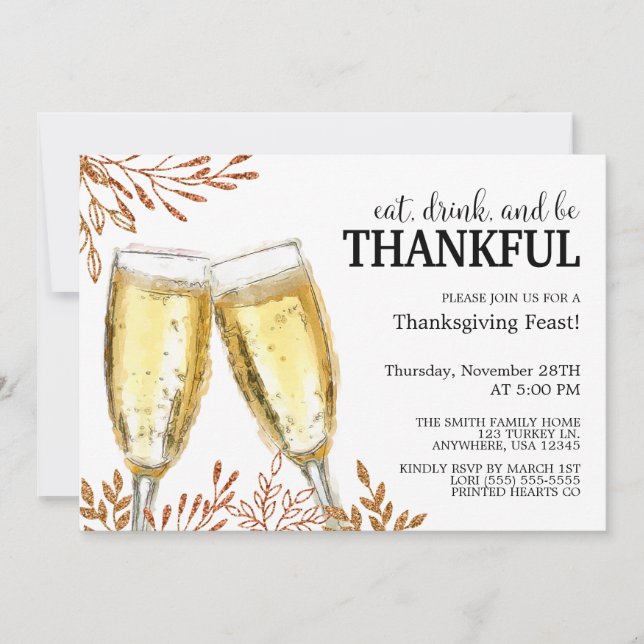 Autumn Leaves & Champagne Drinks, Thanksgiving Invitation (Front)