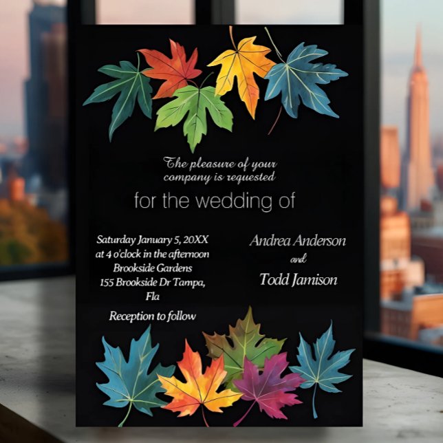 Autumn leaves contrast black wedding invitation (Creator Uploaded)