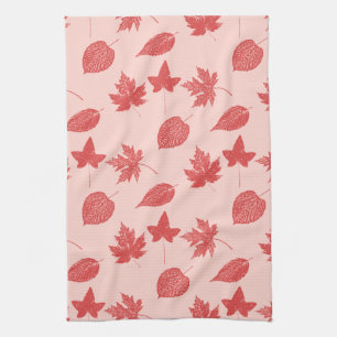 Autumn leaves - coral orange and pink tea towel