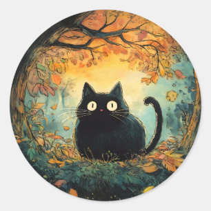 Autumn leaves cosy fall black cat in the magic for classic round sticker