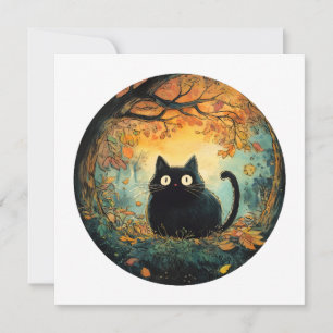 Autumn leaves cosy fall black cat in the magic for invitation