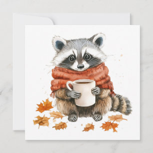 Autumn leaves cosy fall racoon with cup of coffee invitation