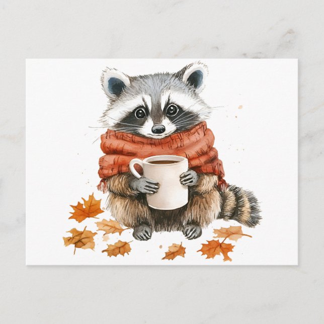 Autumn leaves cosy fall racoon with cup of coffee invitation postcard (Front)