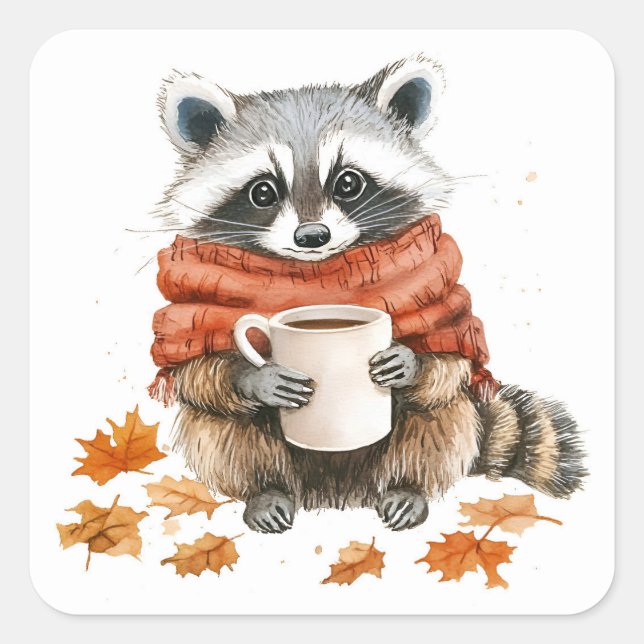 Autumn leaves cosy fall racoon with cup of coffee square sticker (Front)