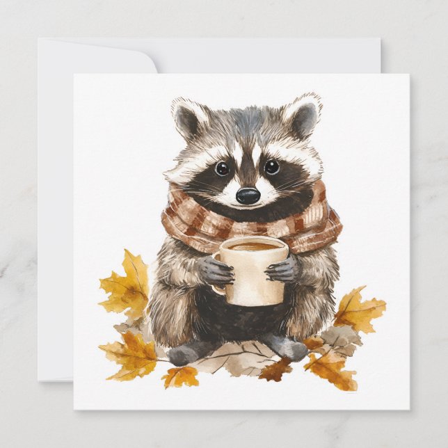 Autumn leaves cosy racoon with cup of coffee (Front)