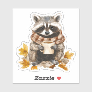 Autumn leaves cosy racoon with cup of coffee