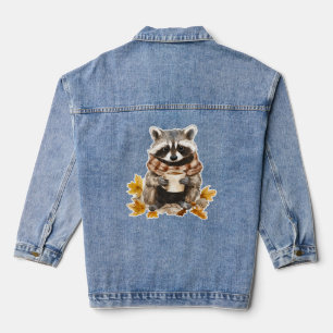 Autumn leaves cosy racoon with cup of coffee denim jacket