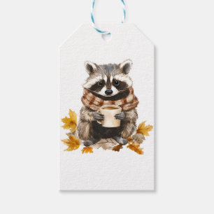 Autumn leaves cosy racoon with cup of coffee gift tags