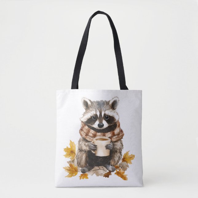 Autumn leaves cosy racoon with cup of coffee tote bag (Front)