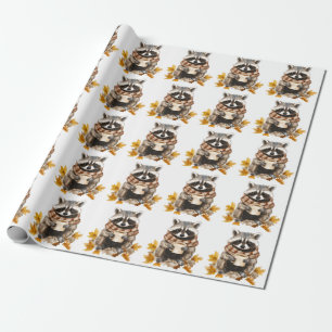 Autumn leaves cosy racoon with cup of coffee wrapping paper