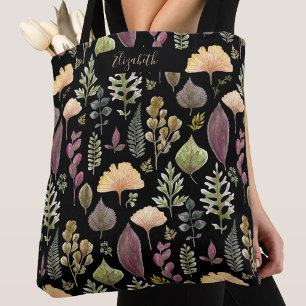 Autumn Leaves Custom Name Black Tote Bag
