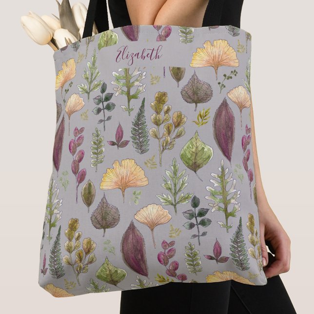 Autumn Leaves Custom Name Grey Tote Bag (Creator Uploaded)
