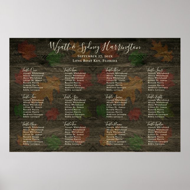Autumn Leaves Dark Wood Table Seating Chart (Front)