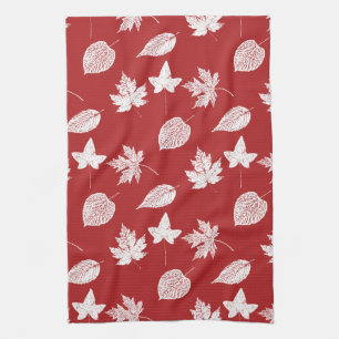 Autumn leaves - deep red and white tea towel