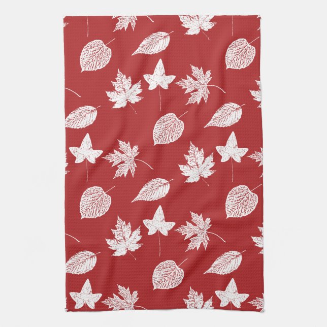 Autumn leaves - deep red and white  tea towel (Vertical)