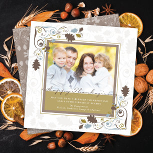 Autumn Leaves & Elegant Swirls Thanksgiving Photo Holiday Card