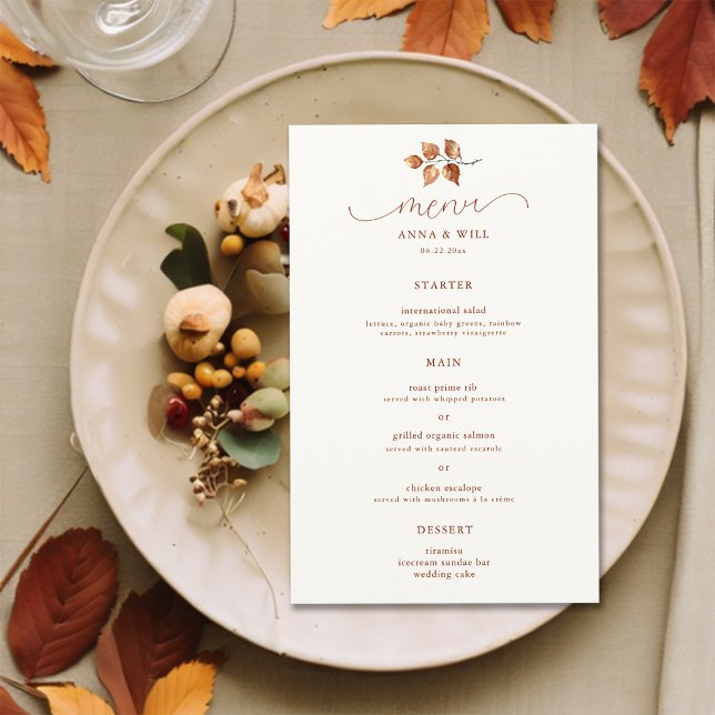 Autumn Leaves Elegant Terracotta Fall Wedding  (autumn fall wedding menu terracotta elegant modern calligraphy bohemian chic simple foliage leaves)