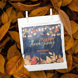 Autumn Leaves Fairy Lights On Wood Thanksgiving Favour Bags