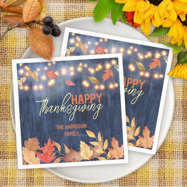 Autumn Leaves Fairy Lights On Wood Thanksgiving Napkin (Creator Uploaded)