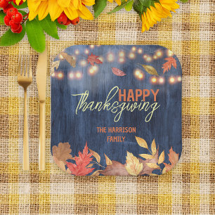 Autumn Leaves Fairy Lights On Wood Thanksgiving Paper Plate