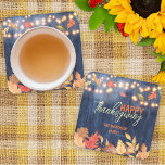 Autumn Leaves Fairy Lights On Wood Thanksgiving Square Paper Coaster<br><div class="desc">Celebrate Thanksgiving in style with this customisable paper coaster! Featuring a wooden texture with a blue tint, this coaster is adorned with a border of autumn leaves and string lights. The text on the coaster reads “Happy Thanksgiving” in a cursive font, and can be personalised with your family name in...</div>